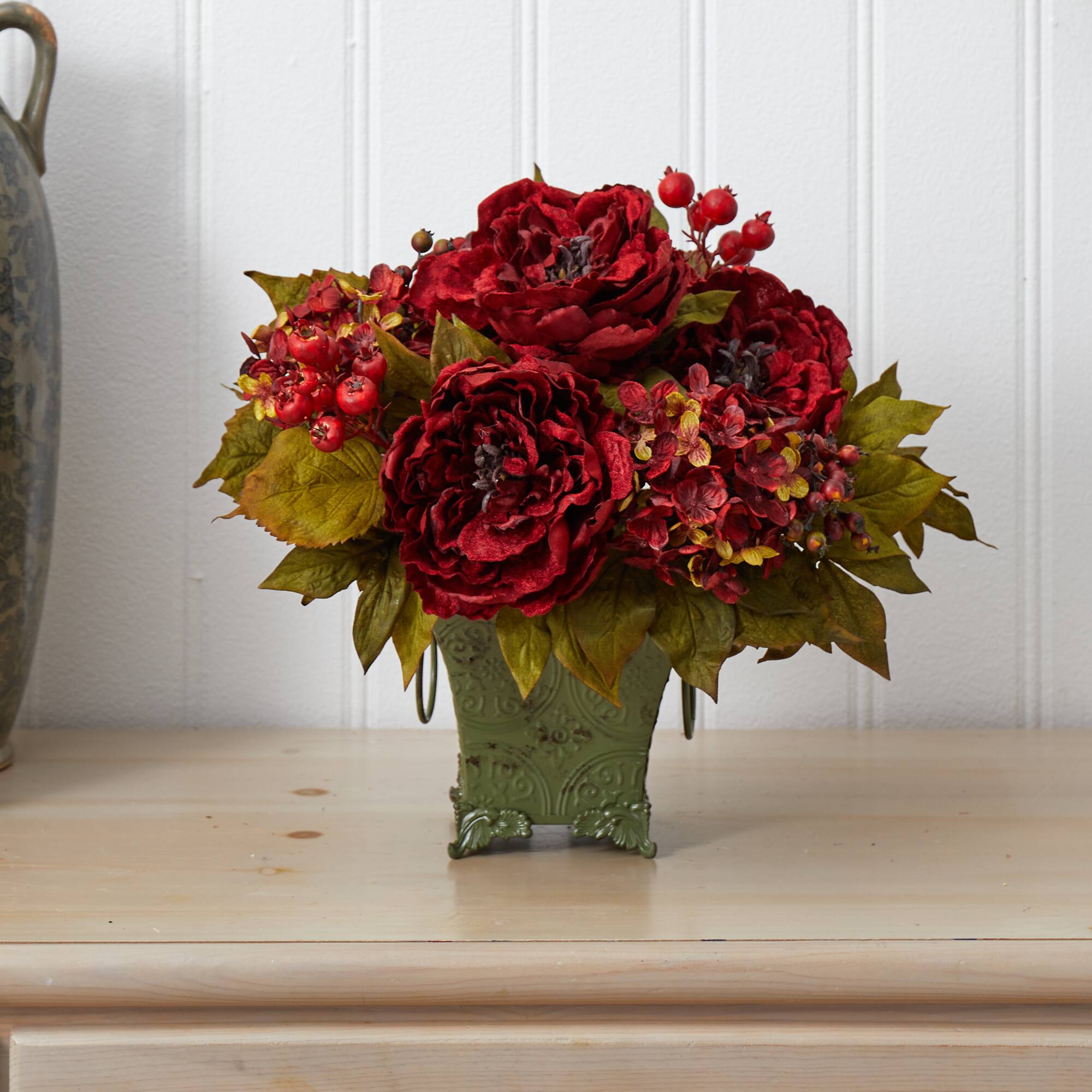 17" Peony & Hydrangea Arrangement in Ceramic Pot